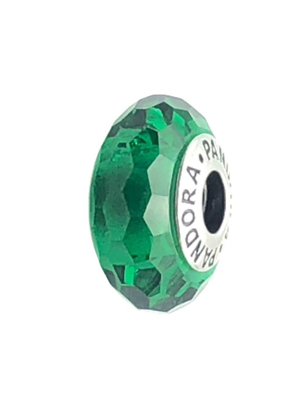 Pandora Emerald Green Faceted Glass Charm Bead Sterling Silver Retired